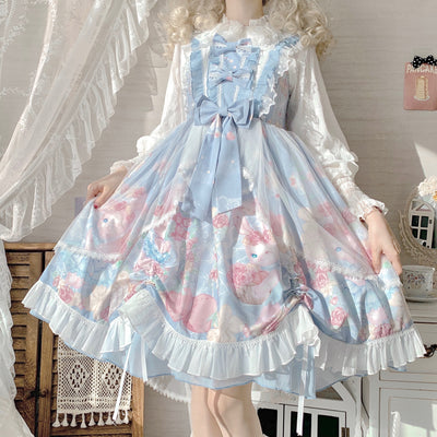 (Buyforme)White Sugar Girl~Lolita Wreath Bunny Printed Summer JSK blue free size 