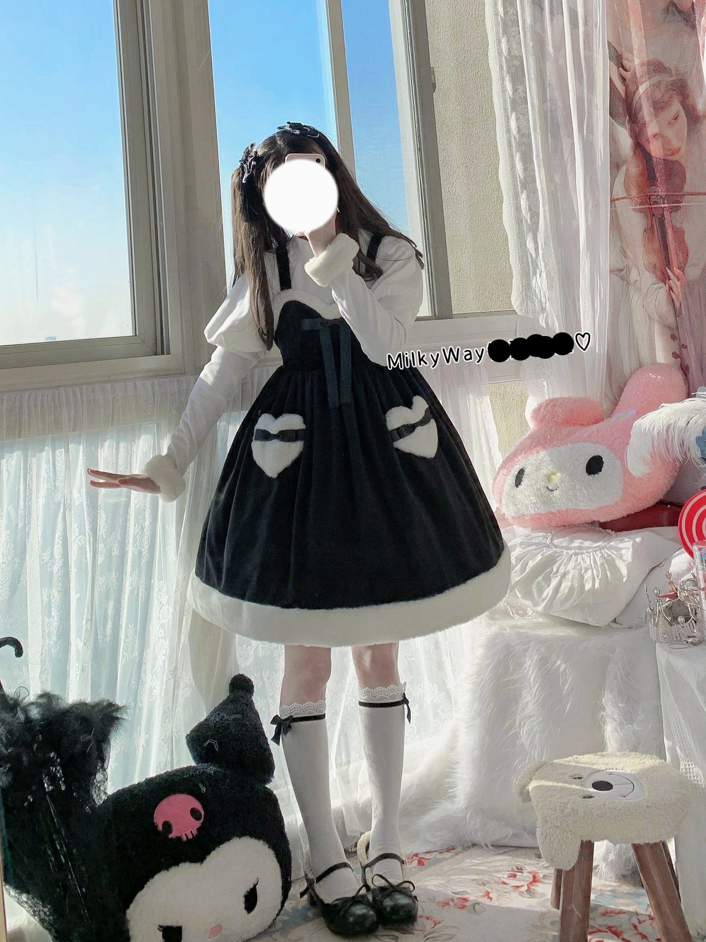 Milky Way~Christmas Snow Lolita JSK Dress Free size black with solid color ribbon 