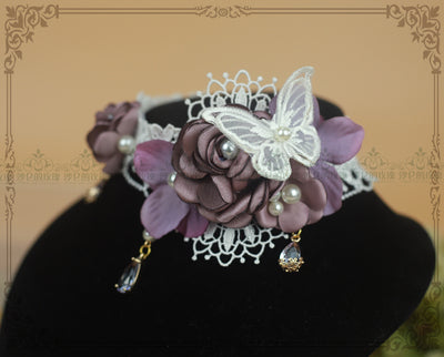 Rose of Sharon~French Rose Flower Lace Lolita Choker grey violet choker  