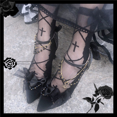 Sky Rabbit~Flower Wedding Elegant Lolita High Heel Shoes 34 8cm black with chain 
