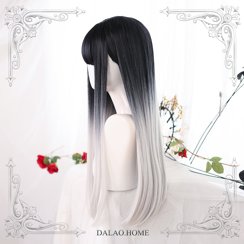 Dalao Home~Nightmare~Long Straight Natural Gradient Lolita Wig nightmare*Iink and white color with hair net(2-13)  