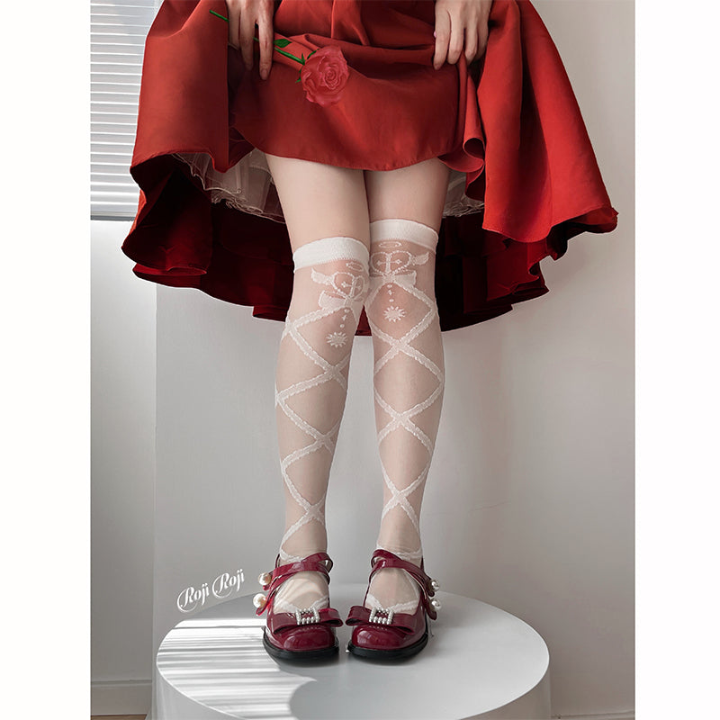 Roji roji~Angel Devil Heart Glass Yarn Knee Stockings free size white over knee socks 