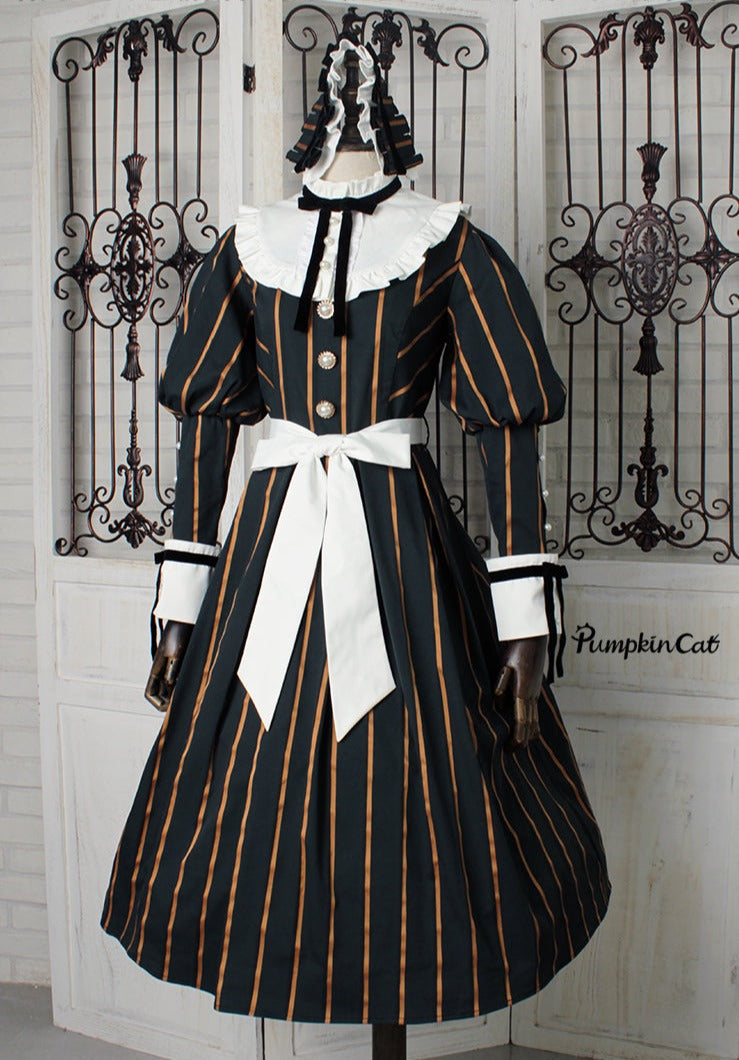 Pumpkin Cat~Elegant Charlotte~Elegant Stripe Lolita OP Dress free size white set 