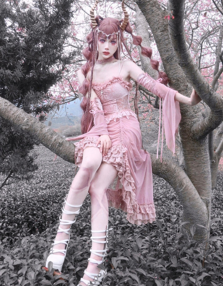 Blood Supply~Sakura Nightmare~Pink Gothic Velvet Drawstring Dress   