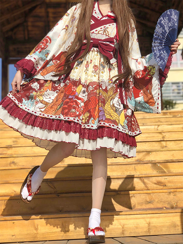 Alice Girl~Lucky Cat~Wa Lolita  Cat Printed Jumper Skirt   