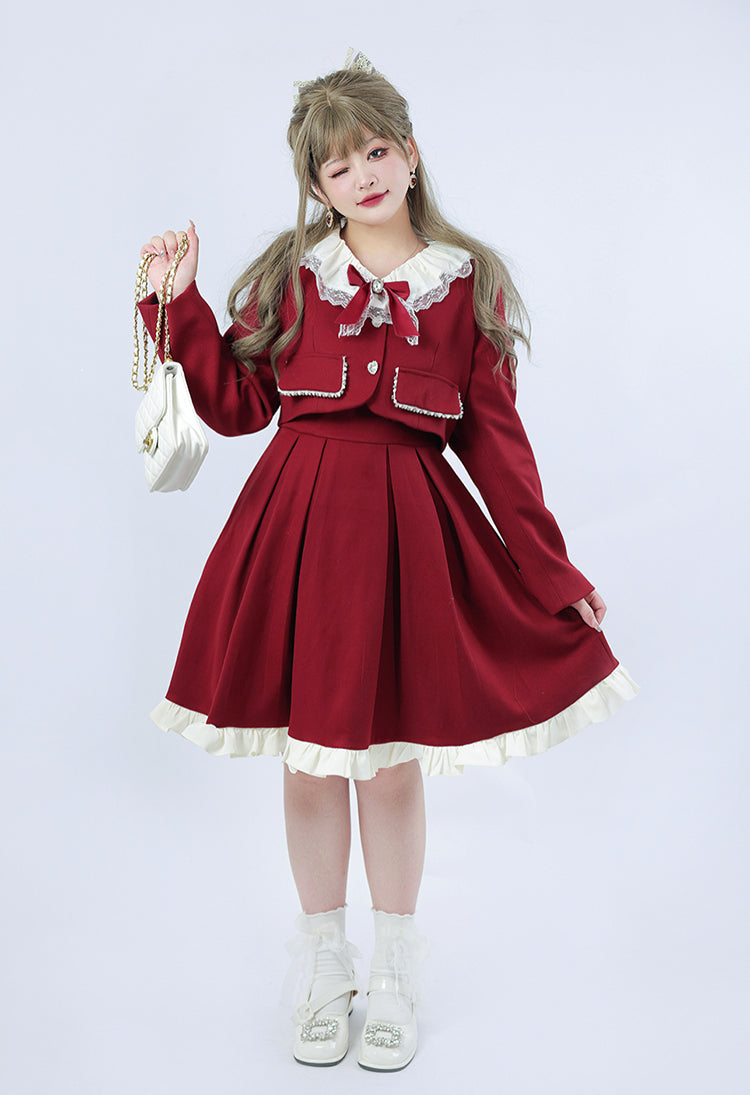 Yingtang - Plus Size Lolita French Retro Dress Set XL retro red short jacket only