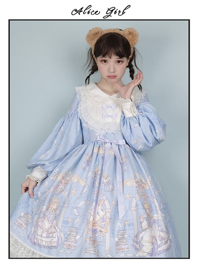 Alice Girl~Sweet Lolita OP Dress Angel Print Lace Ruffle Dress   