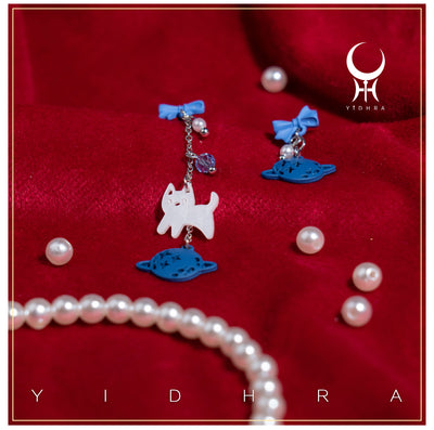 Yidhra~Kawaii Cat Planet Bear Rabbit Blue Lolita Earrings Ear Clips cat planet (earrings)  