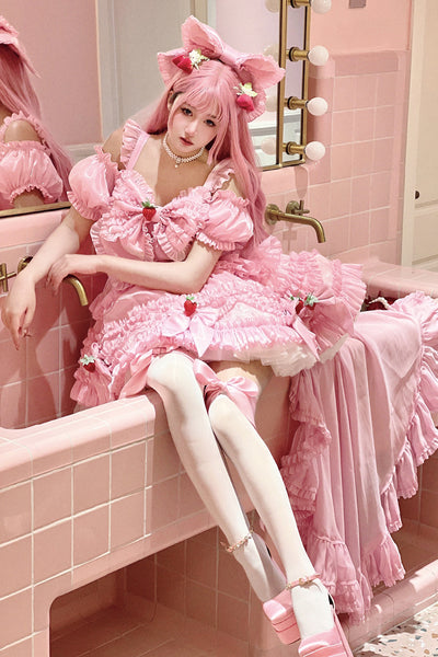Diamond Honey~Strawberry Barbie~Sweet Pink Lolita OP Dress Bow KC (without strawberry decoration) Lolita OP + tail 