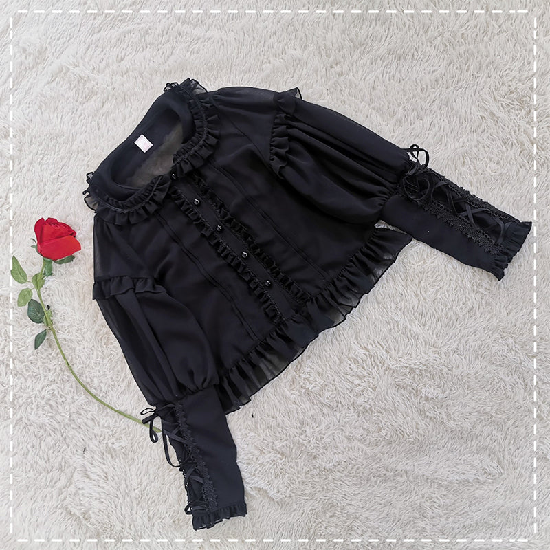 Sakurada Fawn~Plus Size Lolita Shirt Mutton Sleeve Lace Blouse S black 