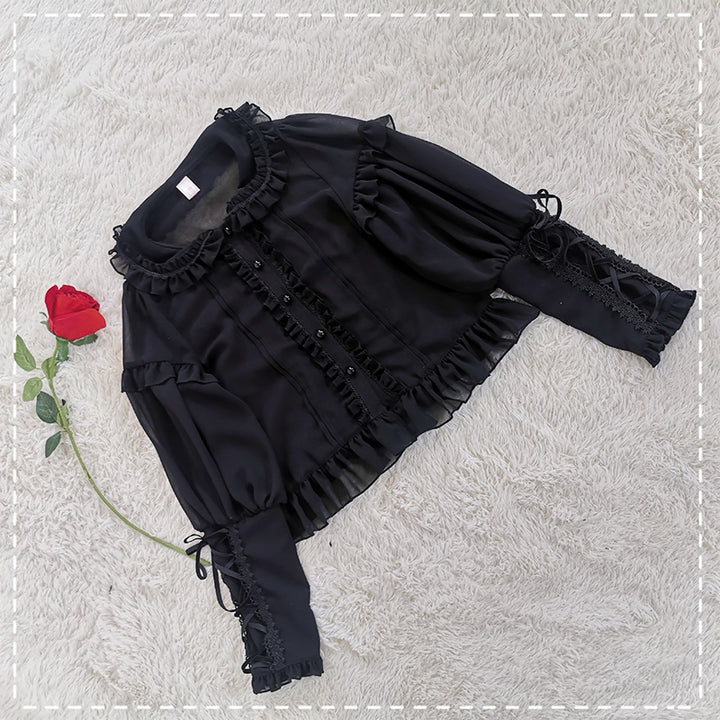 Sakurada Fawn~Plus Size Lolita Shirt Mutton Sleeve Lace Blouse S black 