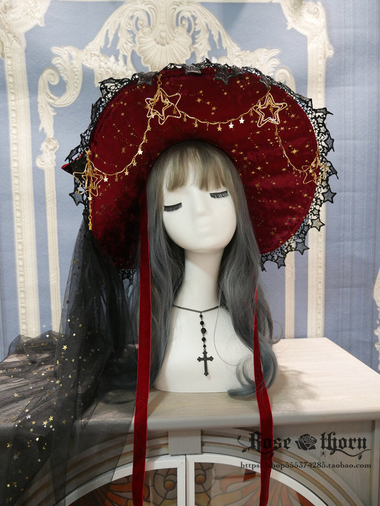 Rose Thorn~Polar Night Sky~Halloween Gorgeous Gilding Lolita Witch Hat wine red (without veils and chain)  