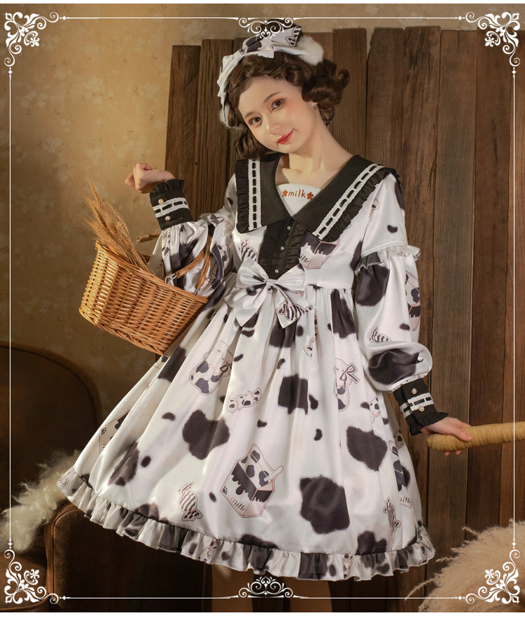 Eieyomi~Sweet Milk Candy~Kawaii Lolita Long Sleeves OP Dress S milk candy OP 