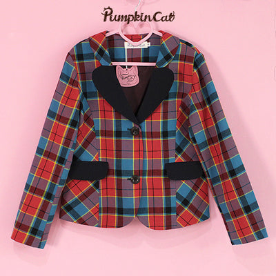 Pumpkin Cat~Autumn Map~JK Fashion Plaid Jacket Vest Suit S red orange jacket 