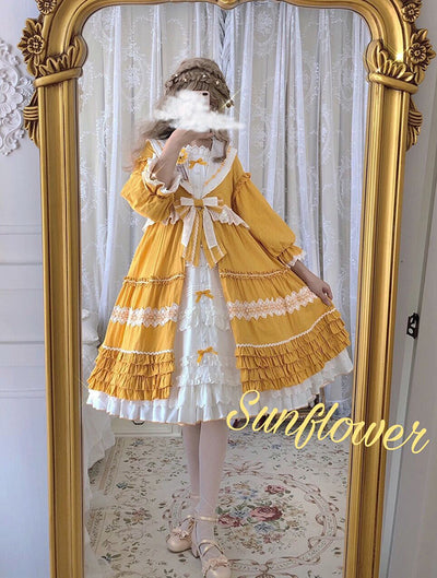 Alice Girl~Cotton Lolita Dress Sunflower Ruffle OP Dress S ginger (long sleeve version) 