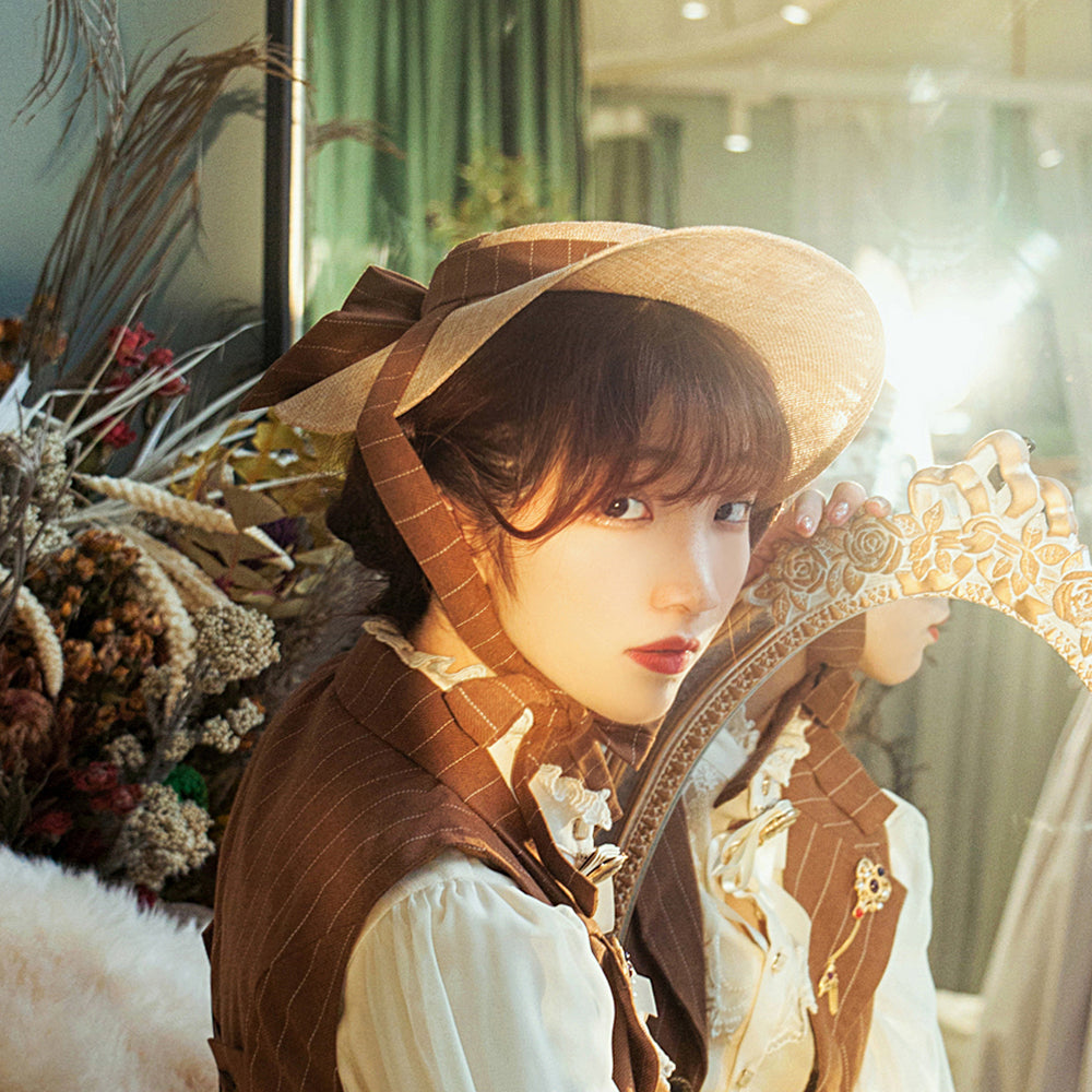Miss point - Rose Silhouette - Elegant Handmade Lolita Flat Hat mocha straps