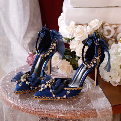 One Night - Flower Wedding Pointed Toe High Heels 34 dark blue (6cm）