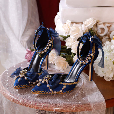 One Night~Flower Wedding Pointed Toe High Heels 34 dark blue (10cm) 