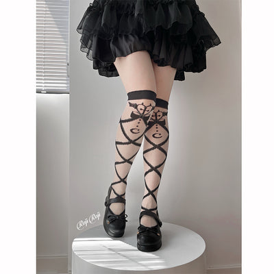 Roji roji~Angel Devil Heart Glass Yarn Knee Stockings free size black 