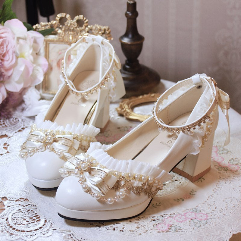 One Night~Handmade White Wedding Lolita Heel Shoes 34 white (3cm soft sole) 