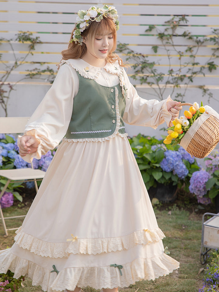 Yingtang~Sweet Lolita Suits Multicolor Lace Hemline XL creamy white dress 