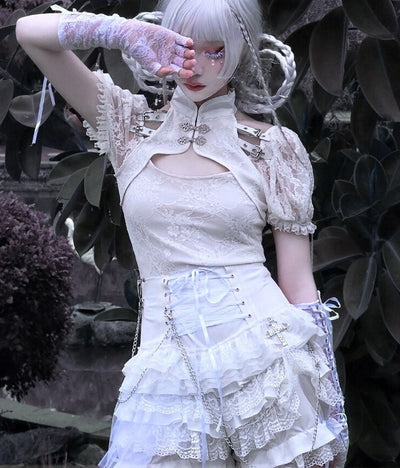Blood Supply~Gothic Punk Lolita White Lolita Tiered Lace SK S punk tiered lace culotte 