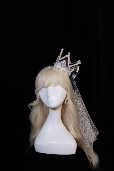 Alice Girl~Girl Anniversary~Multicolor Lolita Crown With Veil navy blue small crown headwear  