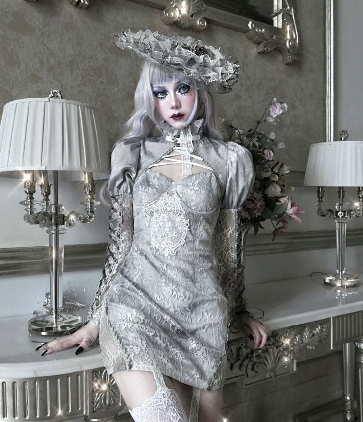 Blood Supply~Rose Funeral~Grey Tie-dyed Lace Lolita Dress   