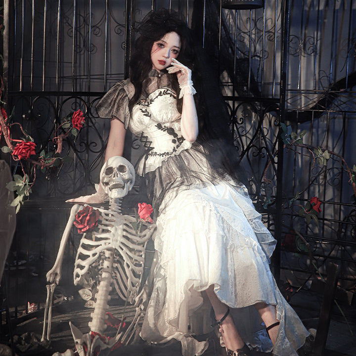 With PUJI~Never Rot Bones~Gothic Lolita Dress Bride Mermaid JSK Dress S fullset (5 pieces) 