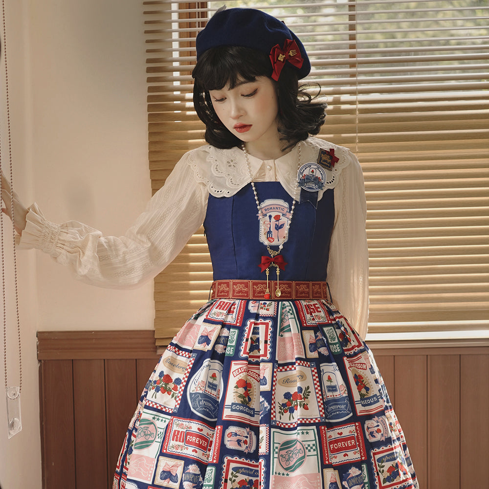 Miss Point~Strawberry Rose~Vintage American Casual Lolita Jumper Dress XS cyan 