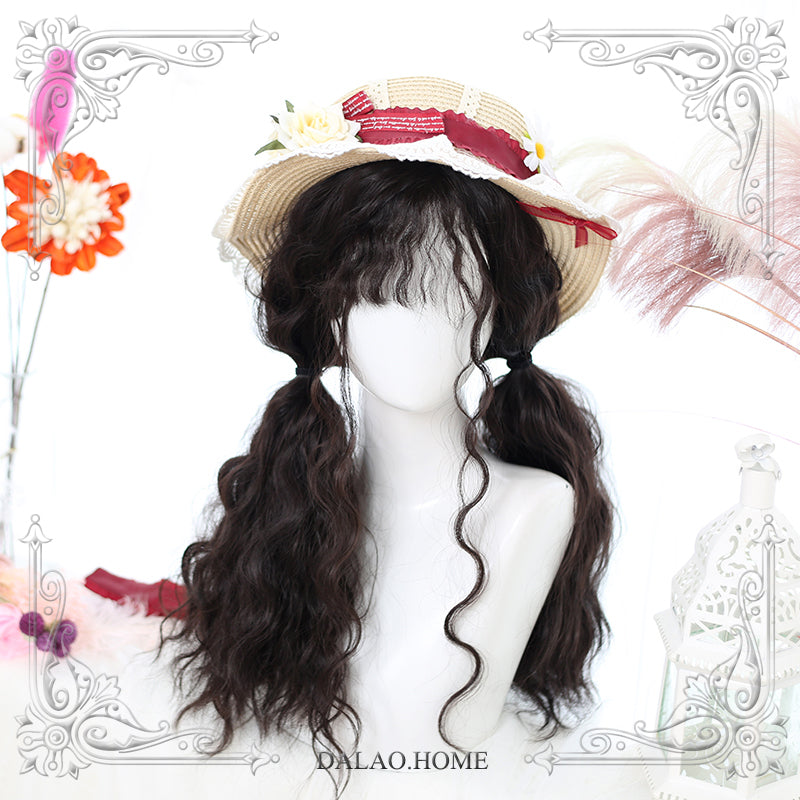 Dalao Home~65cm Wave Lolita Wig Multicolors free siz little witch with 2 ponytails brown black+wig net 