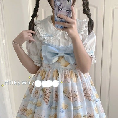 Milky Way - Peter Pan Collar Kawaii Lolita Blouse size 1 short sleeve white and blue