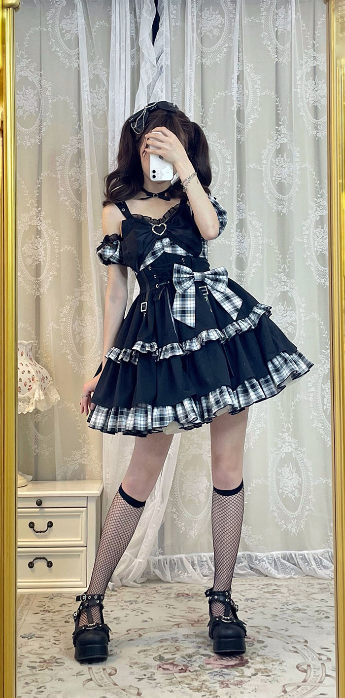 Alice Girl~Black Lolita Dress~Little Spicy Plaid JSK Dress   