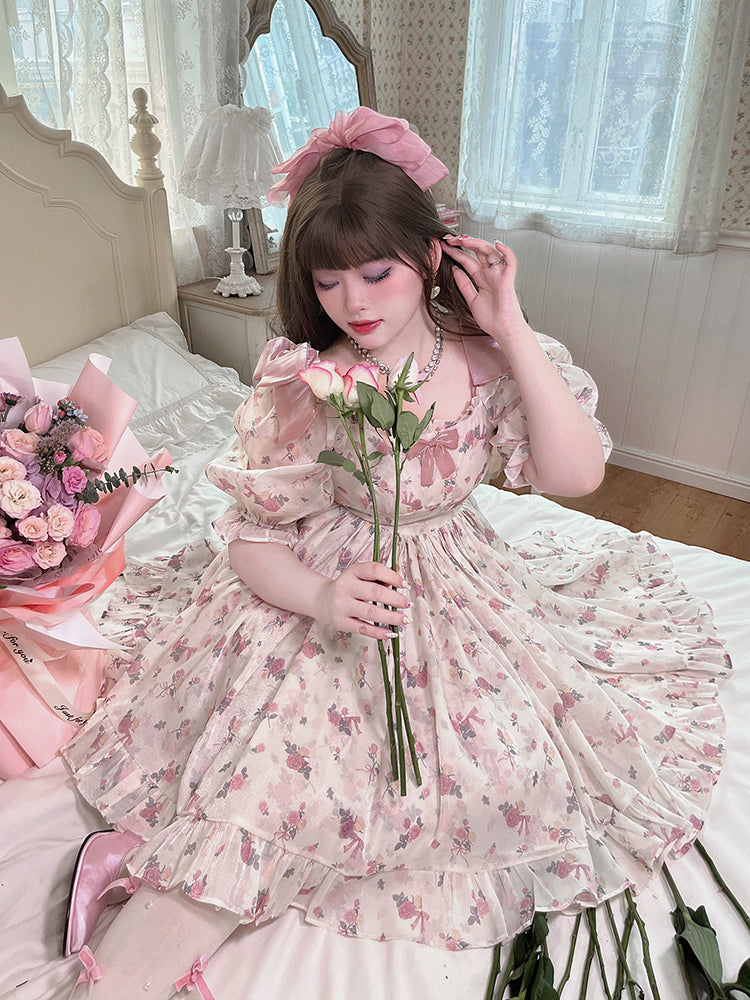 Yingtang~Plus Size Lolita Floral Print Lolita Dress XL apricot short sleeve 