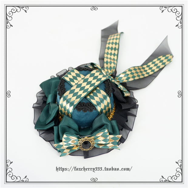 Fox Cherry - Green Lattice Rabbit Ear Bow Lolita Hat Headdress top hat