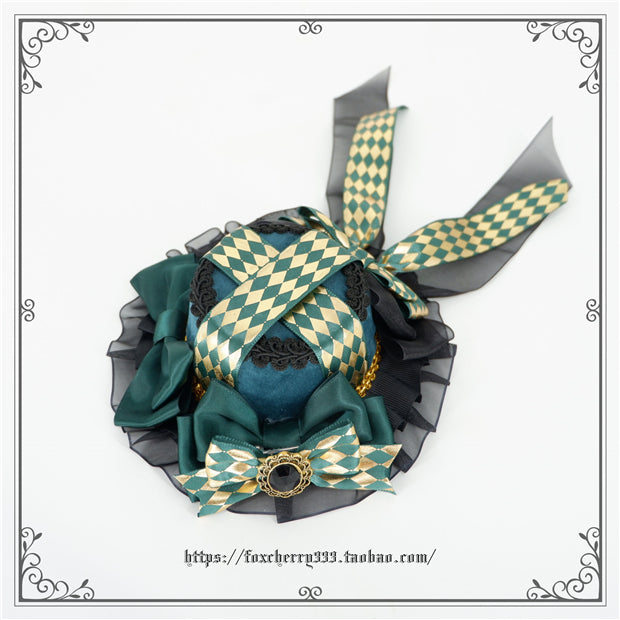 Fox Cherry~Green Lattice Rabbit Ear Bow Lolita Hat Headdress top hat  