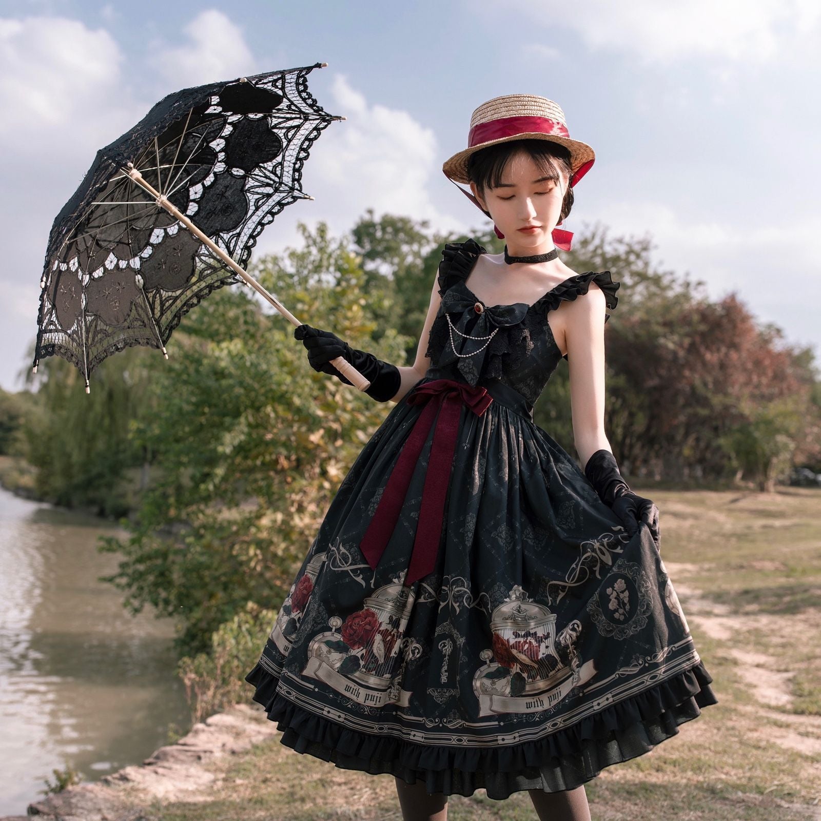 With PUJI - Nightingale and Rose - Gothic Black and Red JSK Dress