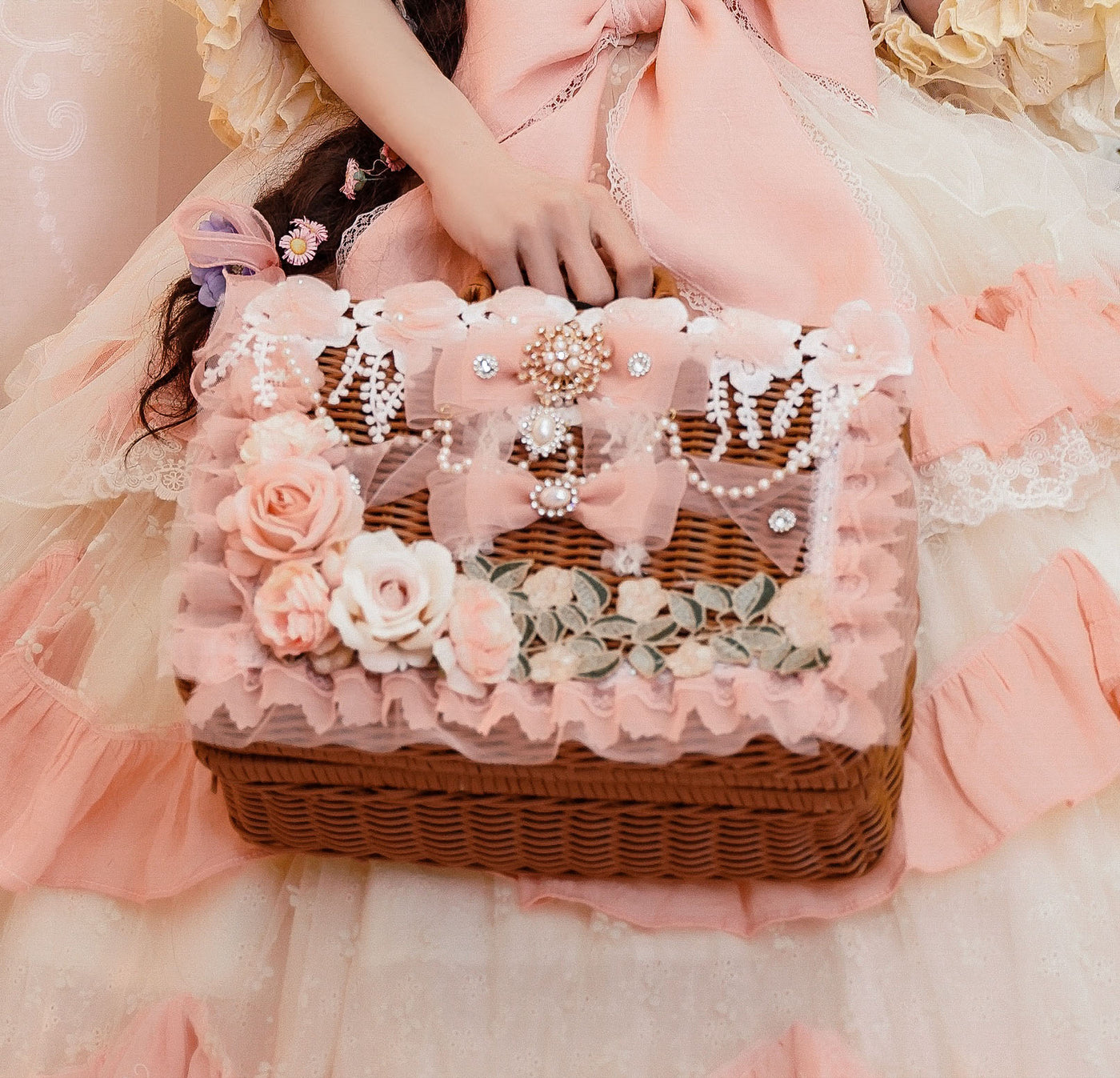 Cat Fairy~Vintage Aesthetic Rattan Woven Lolita Suitcase and Flower Bonnet pink suitcase  