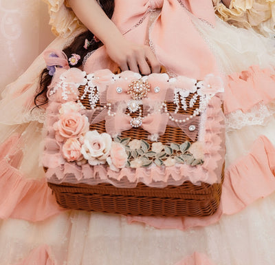 Cat Fairy~Vintage Aesthetic Rattan Woven Lolita Suitcase and Flower Bonnet   
