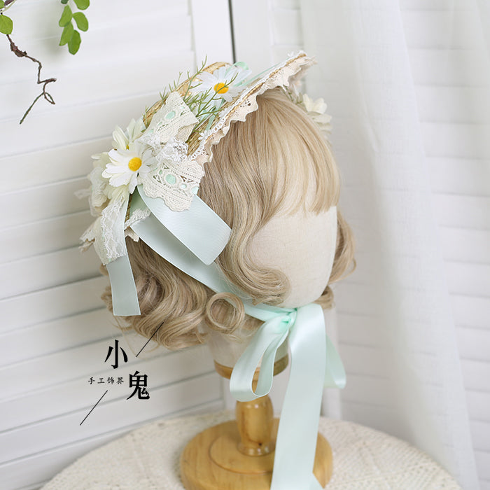 (BuyForMe) Xiaogui~Flower Lolita Tea Party Straw Hat Suitable for both adults and children (with clips) mint green 