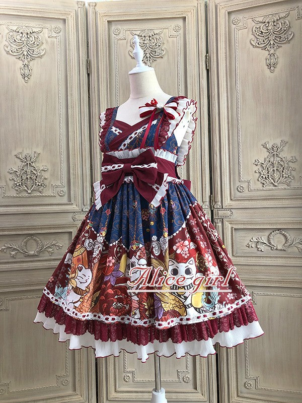 Alice Girl~Lucky Cat~Wa Lolita  Cat Printed Jumper Skirt   