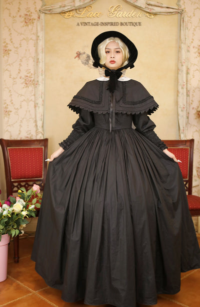 Lace Garden~Dark Night Ronnie~Gothic Lolita Antique Cloak Dress Suit S black three-piece set 