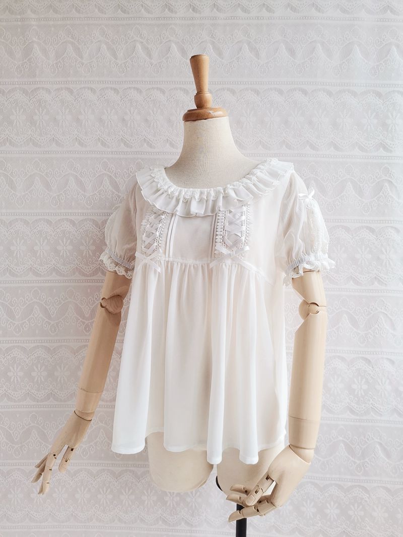 Yilia - Elegant Lolita Summer Short Sleeve Blouse M white