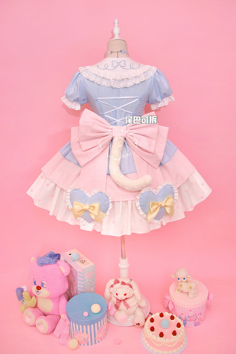 Alice Girl~Sweet Lolita Dress~Candy Cat OP Dress XS blue-pink（OP+back bow+tail） 