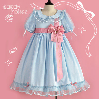 Pumpkin Cat~Candy Boxes Sweet Lolita OP Dress S blue with pink silk ribbon 