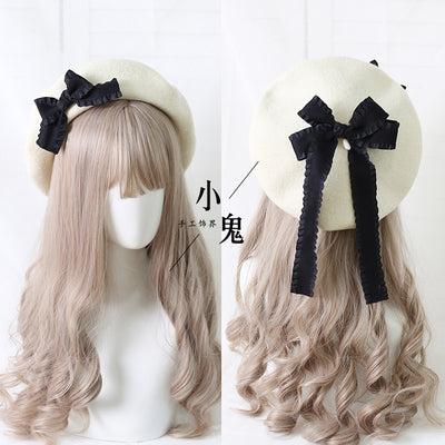 (BuyForMe) Xiaogui~Sweet Bow Multicolors Lolita Wool Beret M（56-58cm） milk white hat with black bows 