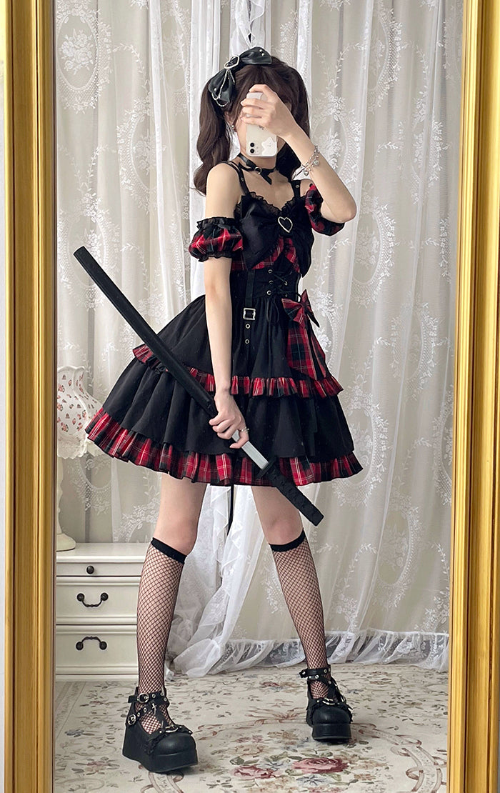 Alice Girl~Black Lolita Dress~Little Spicy Plaid JSK Dress   