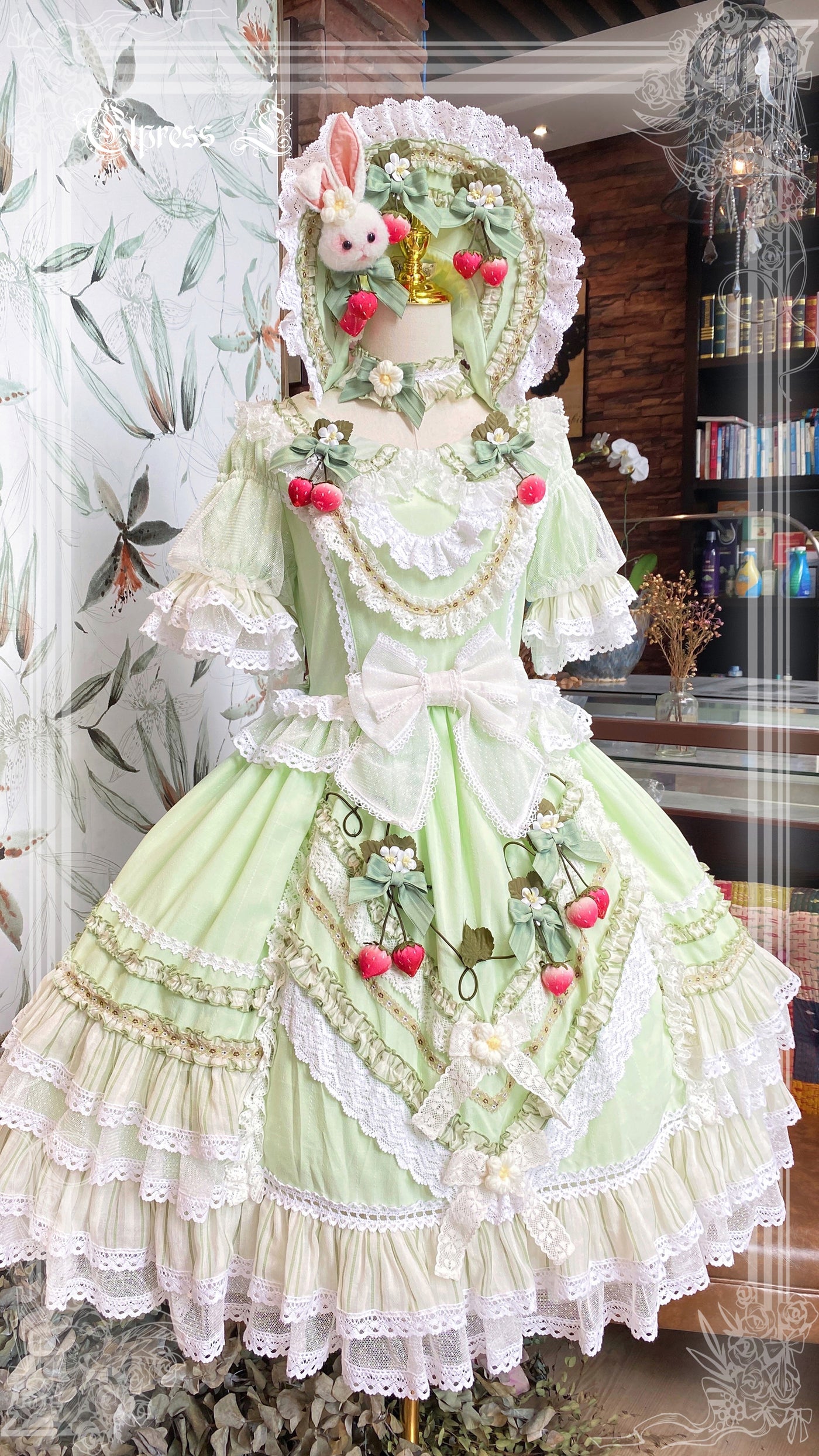 Elpress L~Cheese Berry~Kawaii Sweet Lolita Strawberry OP S matcha green 