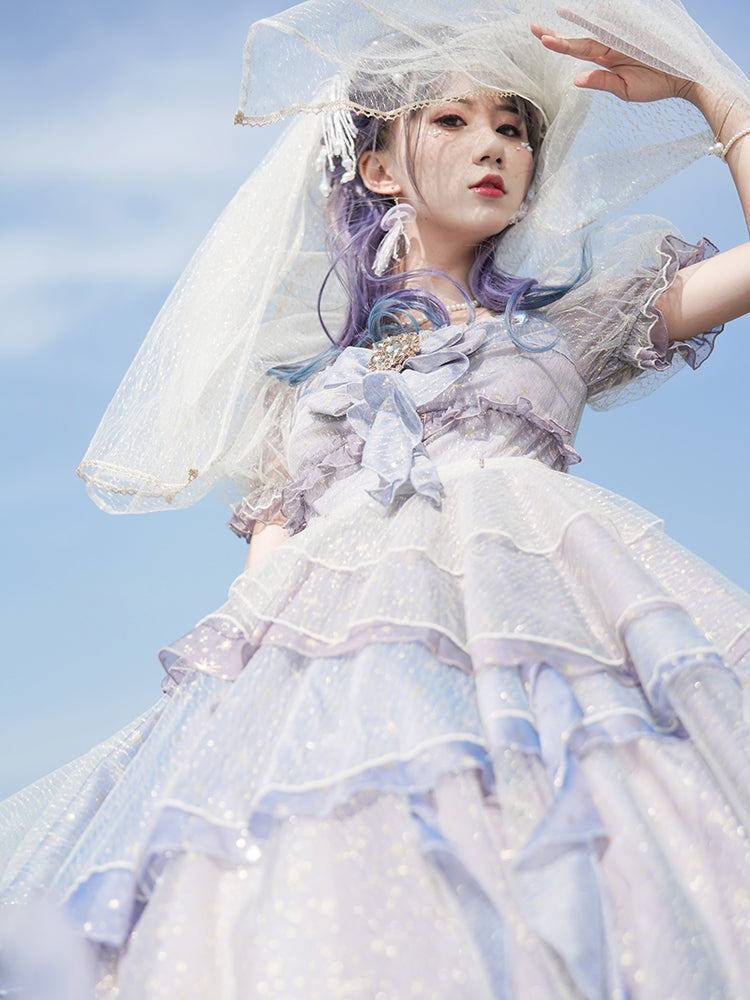 Fantastic Wind~Girl from the Deep Sea~KiraKira Chiffon Gauze Lolita Skirt S purple and grey（golden gauze） 