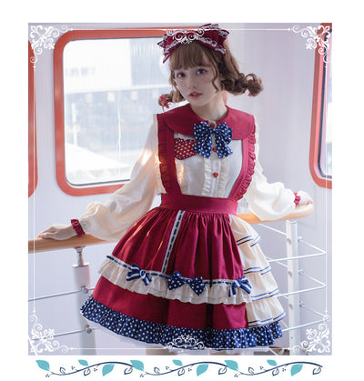 Eieyomi~Fruity Bear~Sweet Polka Dot Casual Lolita Set S wine red SK 